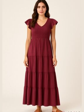 Blu Pepper Wine Burgundy Smocked Maxi Dress Sz Large NWOT
